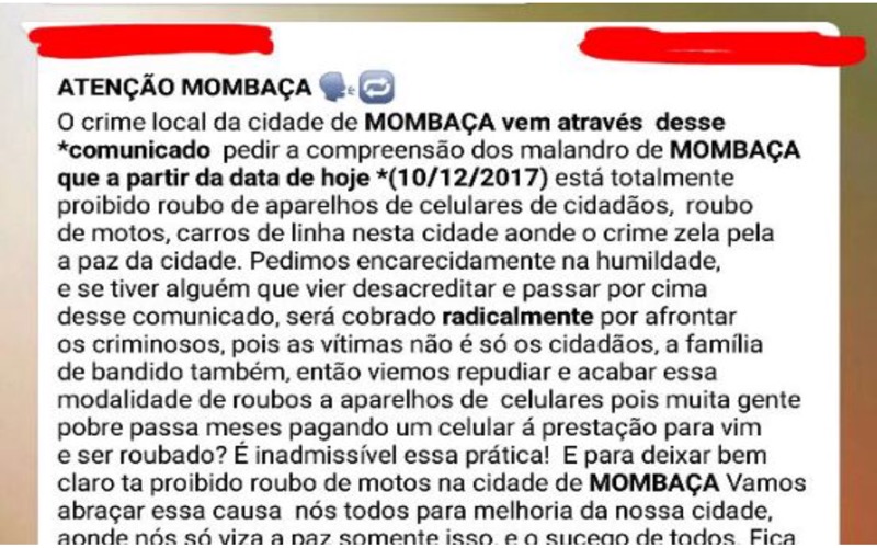 Facção criminosa proíbe roubo de celular, moto e carro em Mombaça