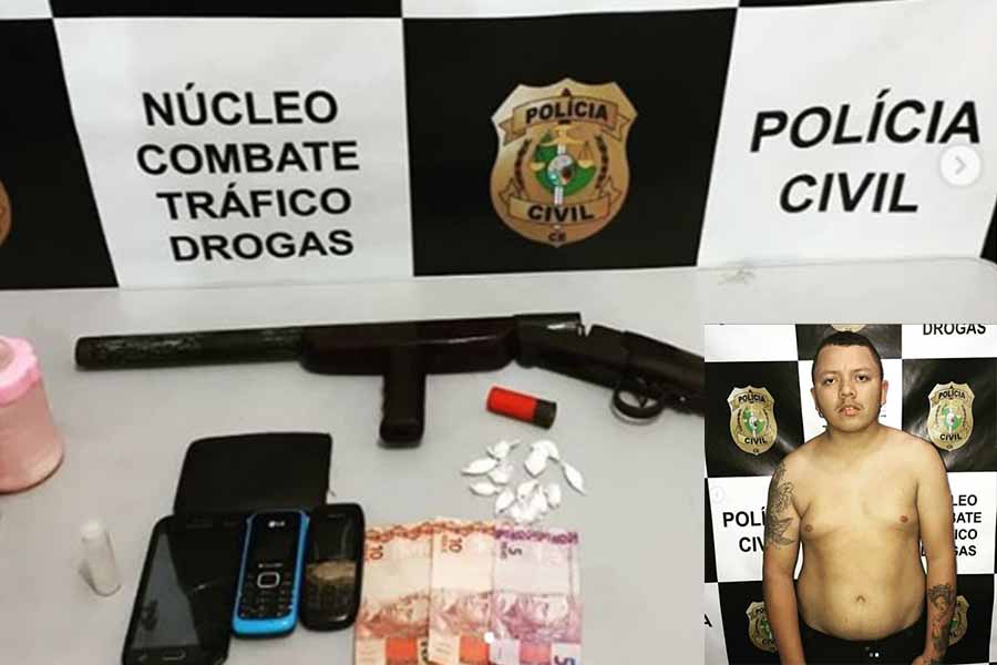 Arma de fogo e droga são apreendidos pela Polícia Civil e acusado é preso em Juazeiro do Norte-CE