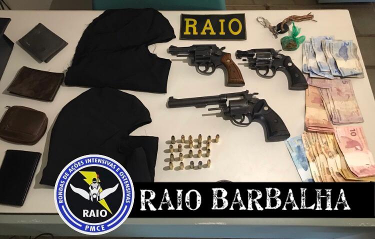 Quatro pessoas presas, 3 armas de fogo, drogas e dinheiro são apreendidos pelo BPRAIO em Barbalha