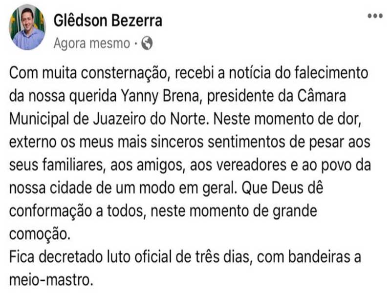 Glêdson decreta luto de três dias pela morte da vereadora Yanny Brena